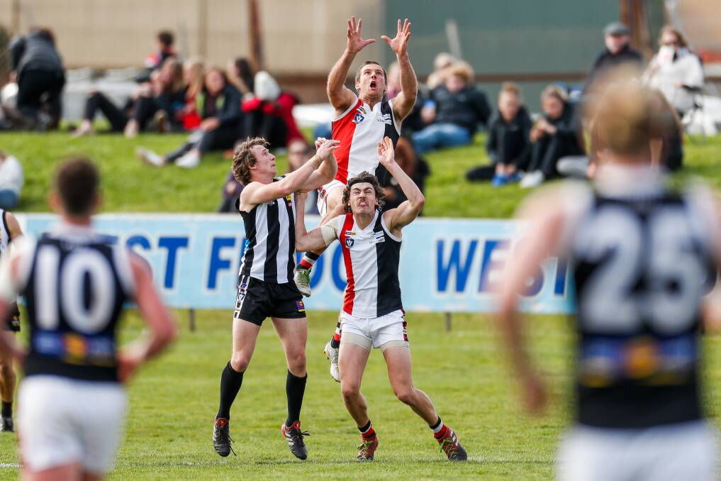 Up and about: Todd McLean flies for mark in Koroit's grand final win over Camperdown this year. Picture: Morgan Hancock