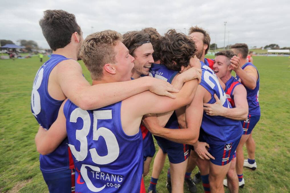 Not changing: Terang Mortlake players celebrate their 2018 reserves grand final win over South Warrnambool. Clubs will again field 18 players on the field in the 2019 reserves season after an alteration was considered by the HFNL board. Picture: Morgan Hancock
