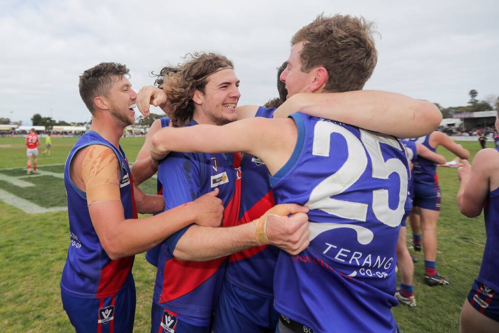 Not changing: Terang Mortlake players celebrate their 2018 HFNL reserves grand final win. Clubs will again field 18 players on the field this season after an alteration was considered by the league's board. Picture: Morgan Hancock