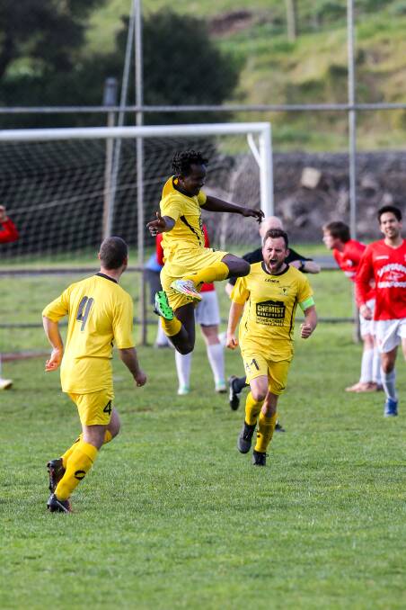 Jumping for joy: Warrnambool Wolves player Seif Sakate celebrates a goal in style. Picture: Michael Chambers