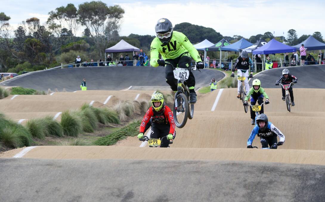 Top rider: Max Cairns of the Park Orchards BMX Club hits top speed as he races to victory in the super class division at the 2018 Warrnambool Classic on Sunday. Picture: Michael Chambers
