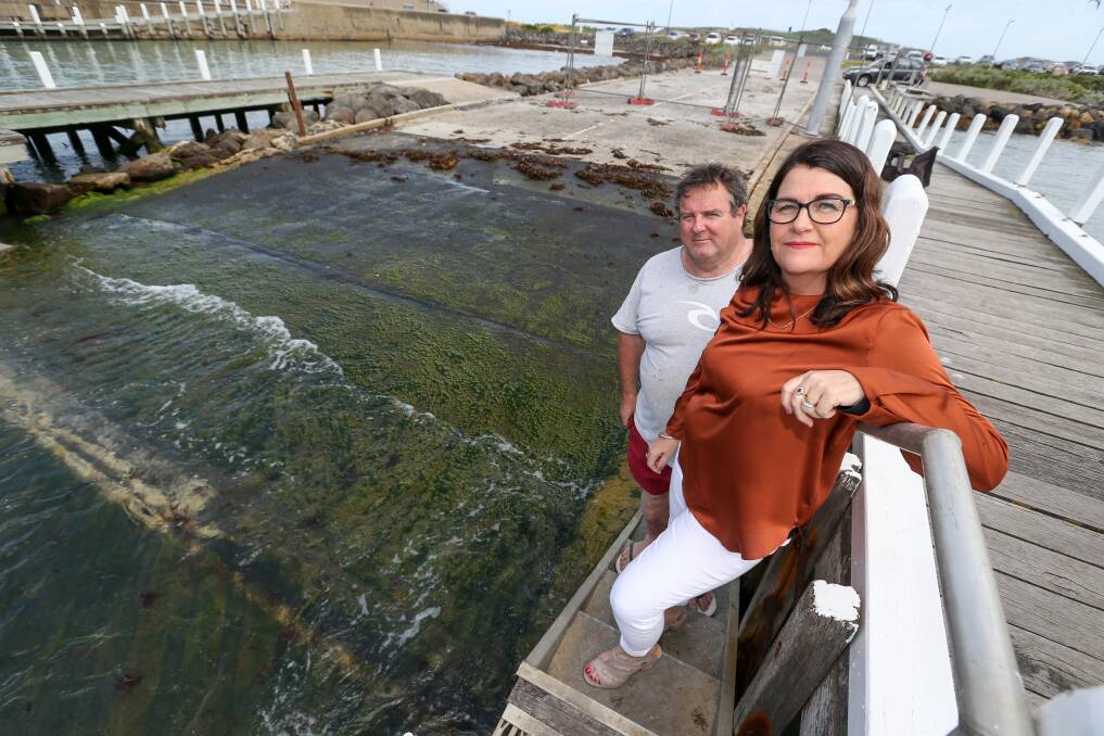 Disappointed, but not defeated: Warrnambool Master Mariner Rodney "Snake" Blake with likely-to-be-elected South West Coast MP Roma Britnell at the city's harbour.