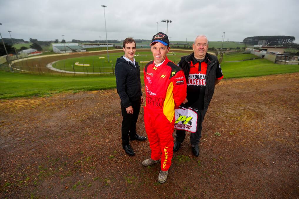 READY FOR RACING: Ethan Kenna-Walsh from Macey's Bistro, Jarrod Lewis wearing a safety suit and Performance Racegear's Mike Nairn at Warrnambool's Premier Speedway. Picture: Morgan Hancock