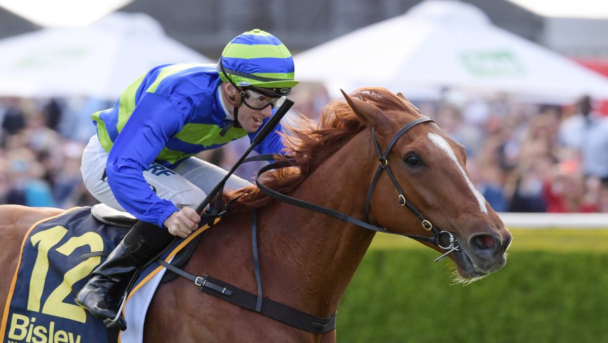 GOOD FIND: Jay Ford rides Maher-Eustace-trained Big Blue to victory in the St Leger Stakes at Randwick on Saturday. Picture: Simon Bullard/AAP Image 