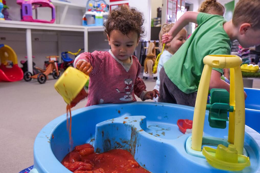 Birthday: Youngster William Malabar, 2, gets his hands into the tomato squish in 2018, as the Warrnambool Toy Library prepares for their 40th birthday.
