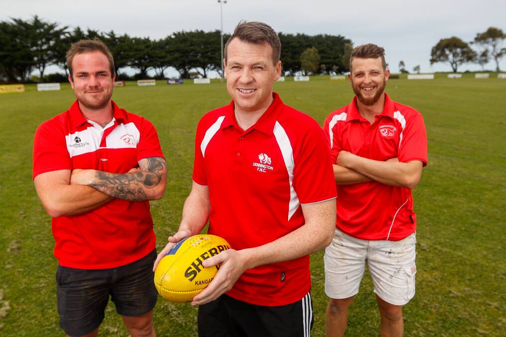 Key men: Dennington's Tully Allwood (assistant), Mick Phillips (coach) and Luke Pearson (assistant) will guide the Dogs for the 2019 season. Picture: Morgan Hancock
