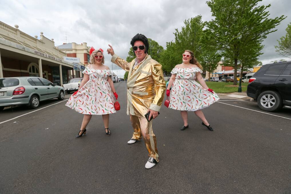 Rockabilly festival: Elvis (Rockin Rob) and The Twin Up's (Becca Bam Bam and Pearl Del-Ray) Rockin the Clock 2018. Picture: Michael Chambers