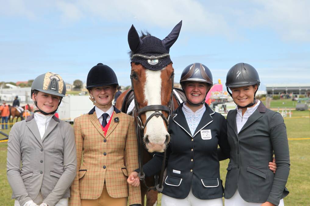SHOW SEASON: Indi Officer, Zoe Weinberg, Lucy Petersen and Georgia Hodgetts with with Petersen's horse Buddy. Picture: Justine McCullagh-Beasy