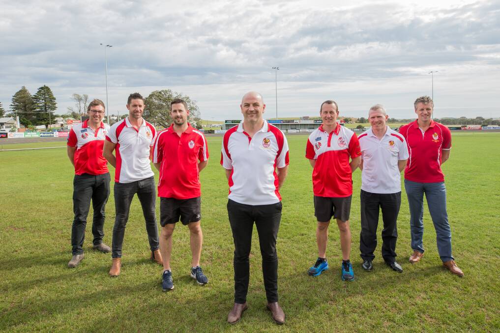United front: New South Warrnambool coach Mat Battistello (front) with assistant coaches (L-R) Sam Stevens, Matt Monk, Danny Finn, Brad Miller, Jacob Rhodes and president Steve Harris.Absent assistant coach Jarrod Thompson. Picture: Christine Ansorge