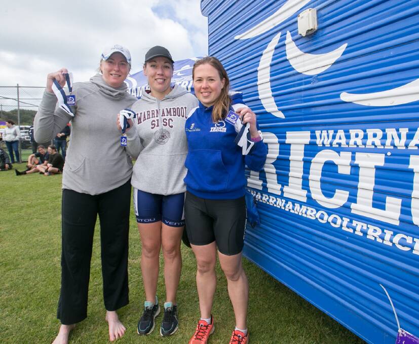 Top performers: Monica Ryan (third), Jo McDowall (first) and Ilana Jorgensen (second) stand proudly with their medals after the race. Picture: Michael Chambers