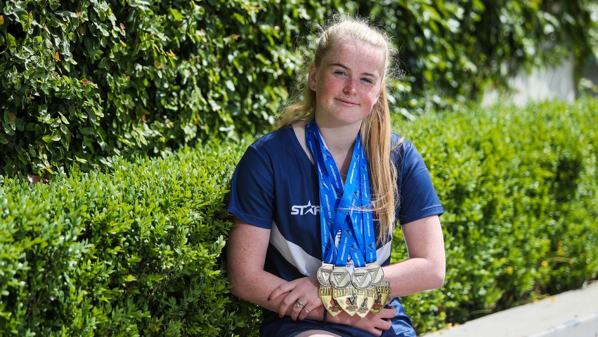 NEW BLING: Caytlyn Sharp won four gold medals at the School Sports Victoria track and field championships and then backed up it up with four at the Athletics Victoria all-school titles the week. Picture: Morgan Hancock