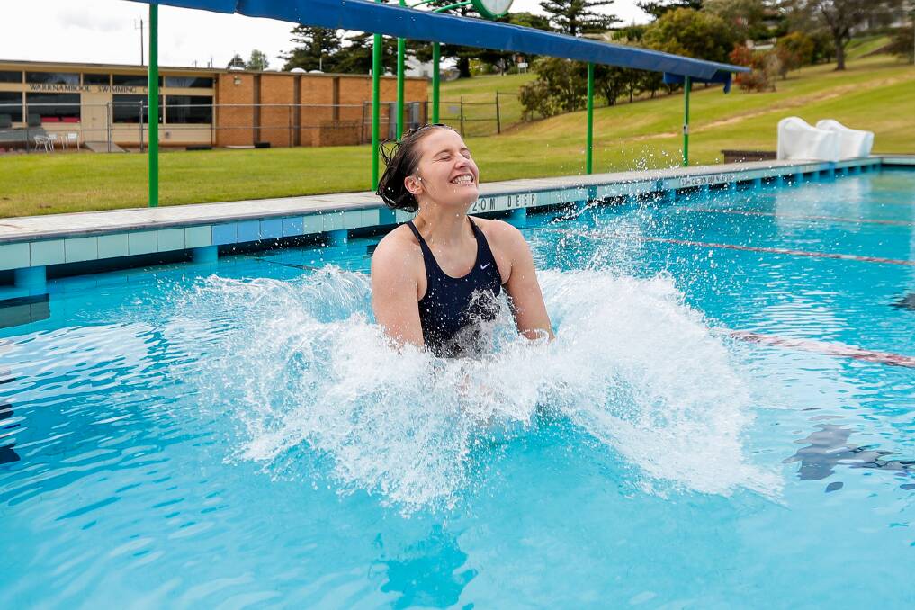 READY FOR SUMMER FUN IN THE CITY: Swimmer Lily Weise jumping into the freshly filled Aquazone outdoor pool in Warrnambool. Pictures: Morgan Hancock