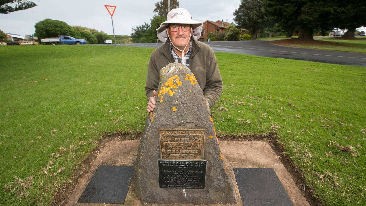 Stories revealed: South Warrnambool Community Association president Bill Hicks at the cairn where a time capsule is to be unearthed this week. Picture: Michael Chambers