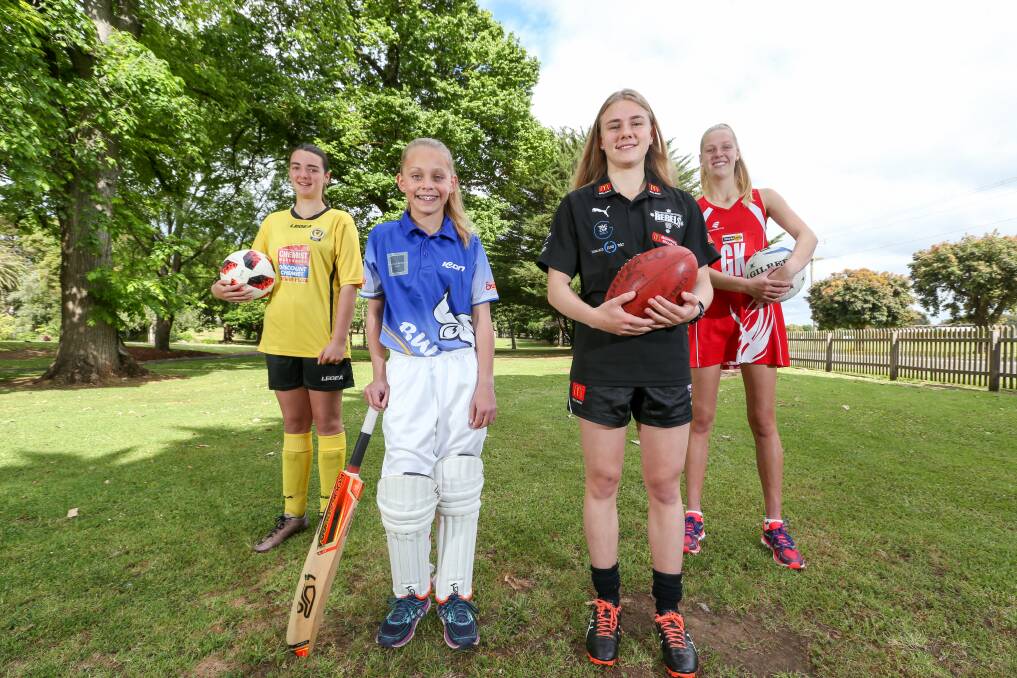 OPTIONS APLENTY: Warrnambool Wolves soccer player Gaby Allen, Brierly-Christ Church cricketer Hannah Rooke, Greater Western Victoria Rebels footballer Renee Saulitis and South Warrnambool netballer Ally Mellblom are enjoying their chosen sports. Picture: Michael Chambers 