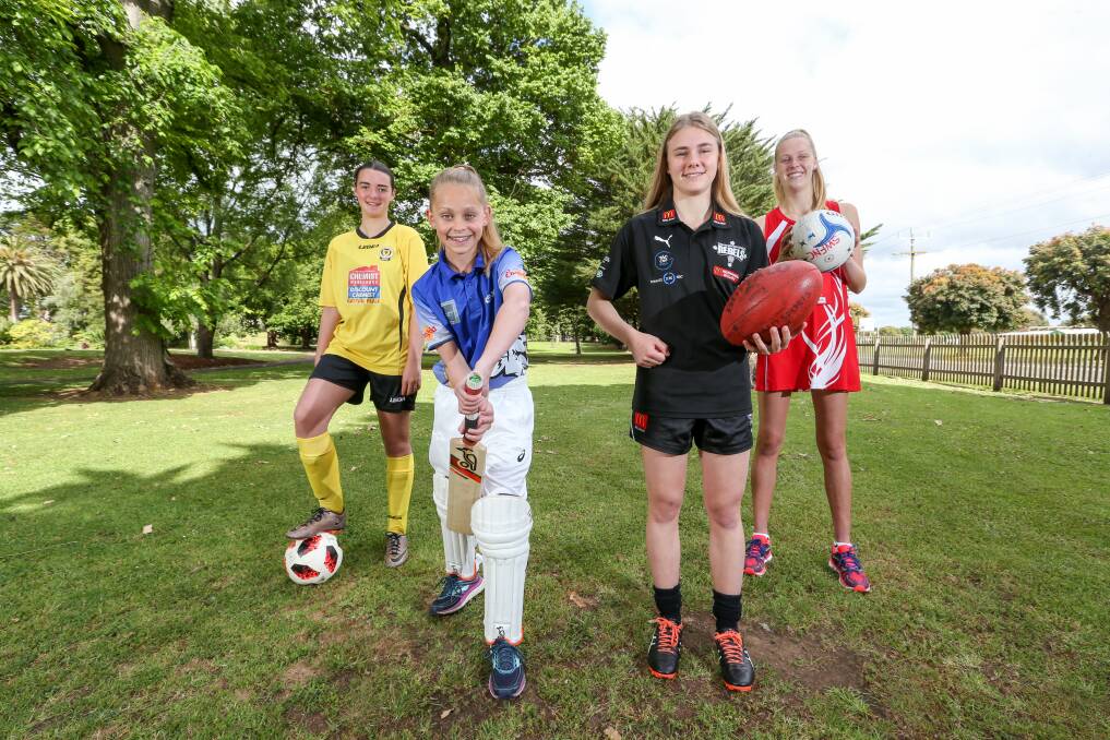 OPTIONS APLENTY: Warrnambool Wolves soccer player Gaby Allen, Brierly-Christ Church cricketer Hannah Rooke, Greater Western Victoria Rebels footballer Renee Saulitis and South Warrnambool netballer Ally Mellblom are enjoying their chosen sports. Picture: Michael Chambers