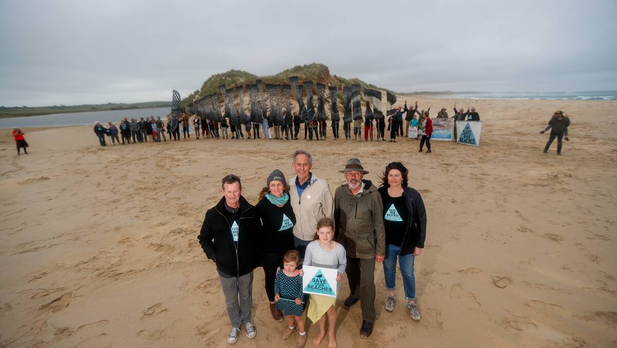 Opponents: Bill Yates, left, Teresa O'Brien, Bob Brown, Shane Howard, Kirsa van Scheepen with Taaru Morgan, front, and Stella Nowakowski and others fighting to maintain the ban on horse training on Levy's Beach. 
Picture: Morgan Hancock