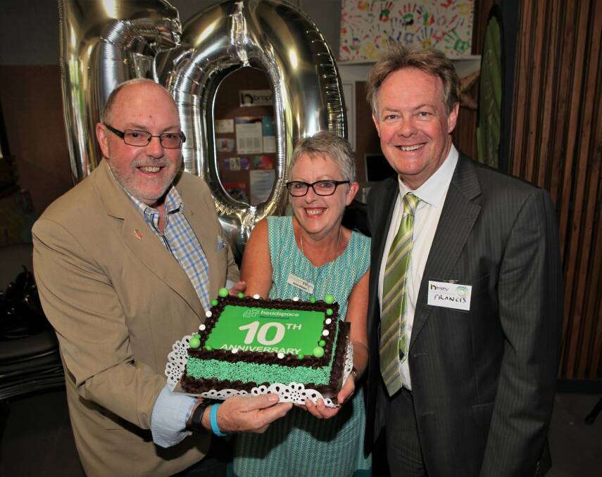 Happy birthday: Headspace Warrnambool chairperson Michael Murphy, Headspace centre manager Anne Walters and Brophy's Francis Broekman celebrate Headspace Warrnambool's 10th birthday. Picture: Anthony Brady