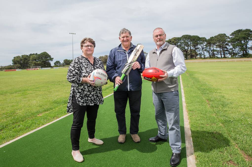 Marg Morgan (netball), Gordon McLeod (cricket) and Russell Lineham (Warrnambool City Council) are excited about a new report into sport facilities in the region. Picture: Christine Ansorge