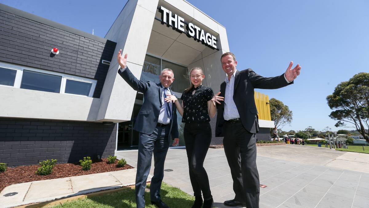 Happy day: Emmanuel College Principal Peter Morgan, Year 10 Emmanuel College student Caitlin Garner and Minister for Education Dan Tehan at the opening of The STAGE performing arts building. Picture: Michael Chambers