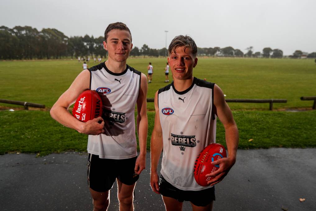 Moving up together: Camperdown's Toby Mahony and South Warrnambool's Jay Rantall, here at a Rebels training session, have both been selected in Victoria Country's squad for the under 18 national championships. Picture: Morgan Hancock