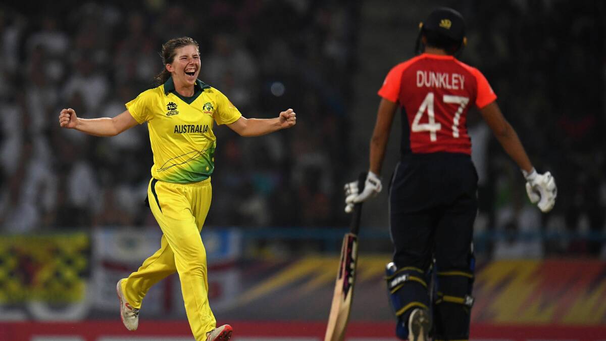 BACK AGAIN: Georgia Wareham celebrates after dismissing Sophia Dunkley during the ICC Women's World Twenty20 Final between Australia and England. Picture: Harry Trump/Getty Images