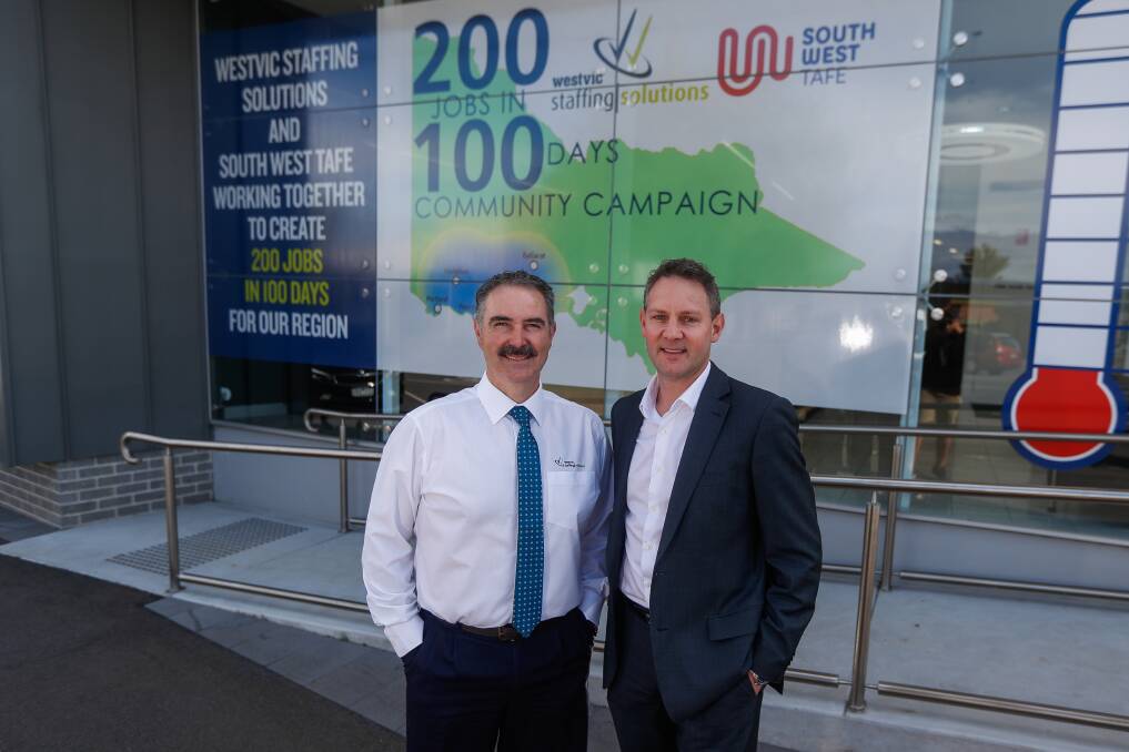On target: Westvic Staffing Solutions CEO Dean Luciani and South West Tafe CEO Mark Fidge are aiming to create 200 jobs in 100 days. Picture: Morgan Hancock