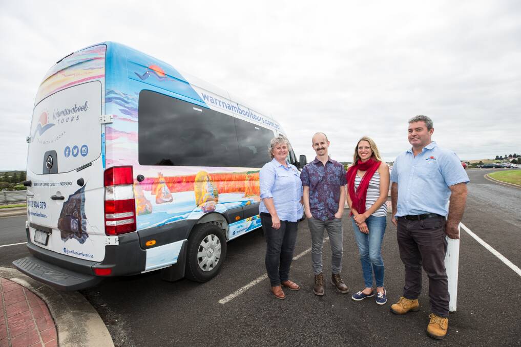 Onboard: Fiona Van Kempen, Jimmi Buscombe, Caroline Healey and Allan Ward are excited about the launch of a new tour bus in Warrnambool. Picture: Christine Ansorge