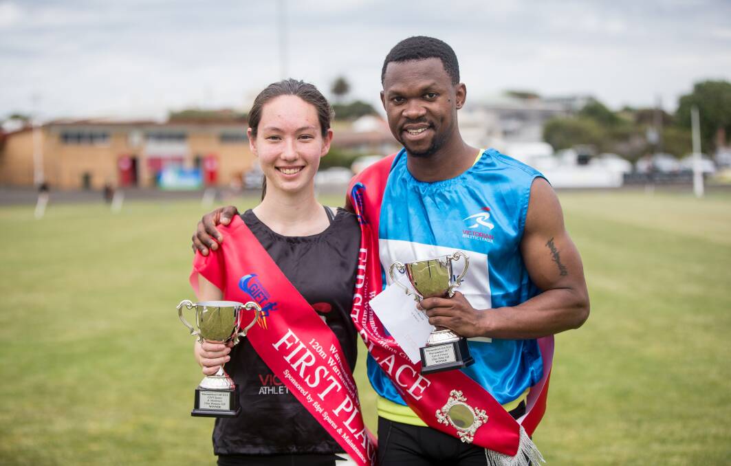 SPRINT QUEEN AND KING: Jodie Richards and Fejiro Omuvwie were crowned the winners of the women's and men's Warrnambool Gift. Picture: Christine Ansorge