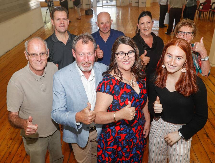 Thanks for your support: Member for South West Coast Roma Britnell (centre) shows her pleasure at being re-elected with supporters John Maddock, front left, husband Glenn, daughter Tess, Robert King (back left), James Taylor, Eileen Cameron and Cheryl Bellman at the declaration of the poll. Picture: Michael Chambers