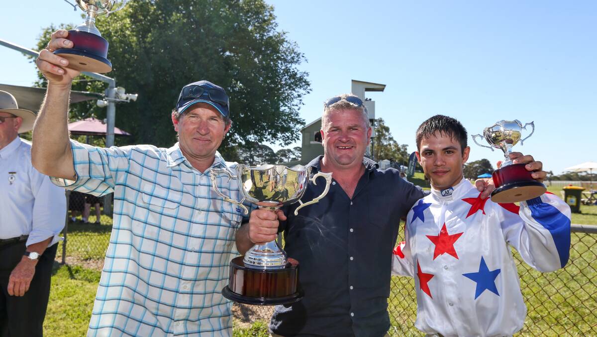 Dane Smith (left) with Rohan McDonald and jockey Trent Germaine after the Penshurst Cup Victory 47 days ago. Picture: Rob Gunstone