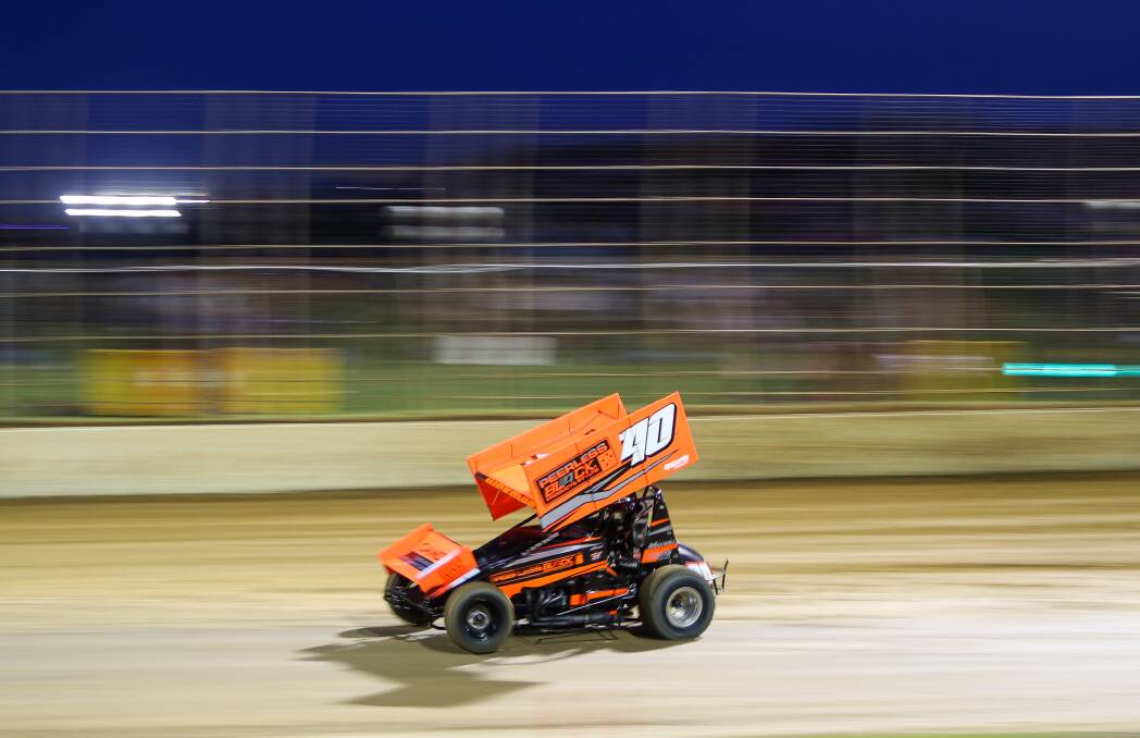 STANDING OUT: Rusty Hickman drives his black and orange car during a World Series Sprintcar round at Premier Speedway. Picture: Morgan Hancock 