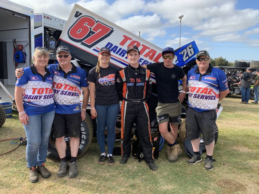 TIGHT-KNIT: Timboon sprintcar driver Luke Walker (fourth from left) is grateful for his support team - mum Shirley Walker, dad Bevan Walker, girlfriend Mikayla Hein, mate Ray Cole and uncle Ian Vagg. Picture: Justine McCullagh-Beasy