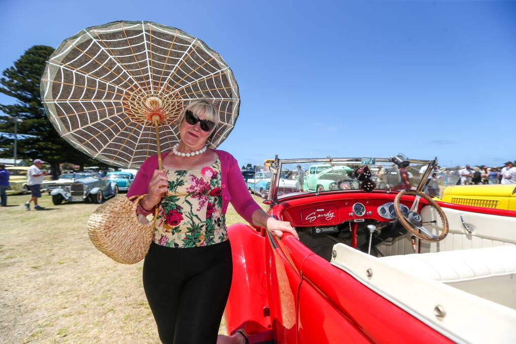 ON SHOW: Port Fairy's Sandy Winnen with her 1936 Ford Roadster at last year's the Port Fairy Rod Run. 