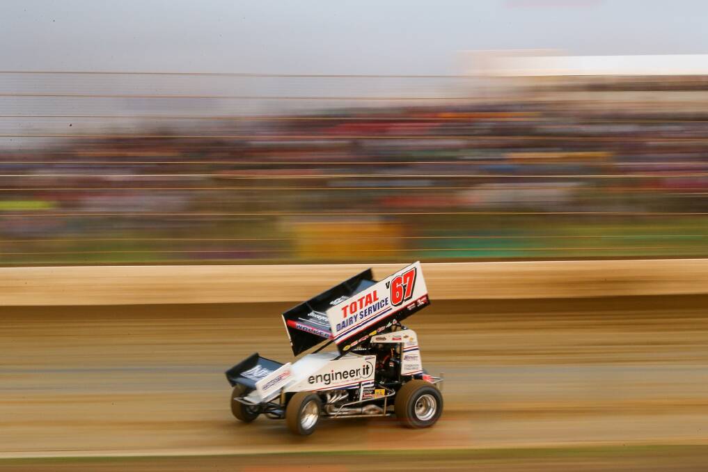 BIG MOMENT: Timboon's Luke Walker started the A-Main off the front row on night one of the Grand Annual Sprintcar Classic. Picture: Morgan Hancock 