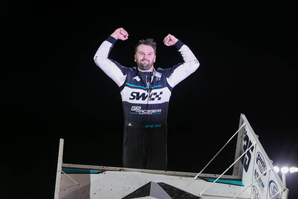 VICTORY LANE: Warrnambool's Jamie Veal celebrates winning the opening night of the Grand Annual Sprintcar Classic. Picture: Morgan Hancock