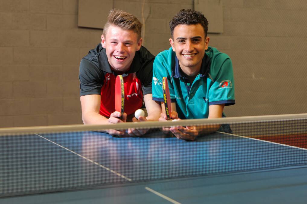 Grassmere's Tristan Quarrell, 18, and Warrnambool's Joe Sycopoulis, 17, are attempting to play table tennis for 24 hours as a fundraiser for local charity Standing Tall. Picture: Rob Gunstone