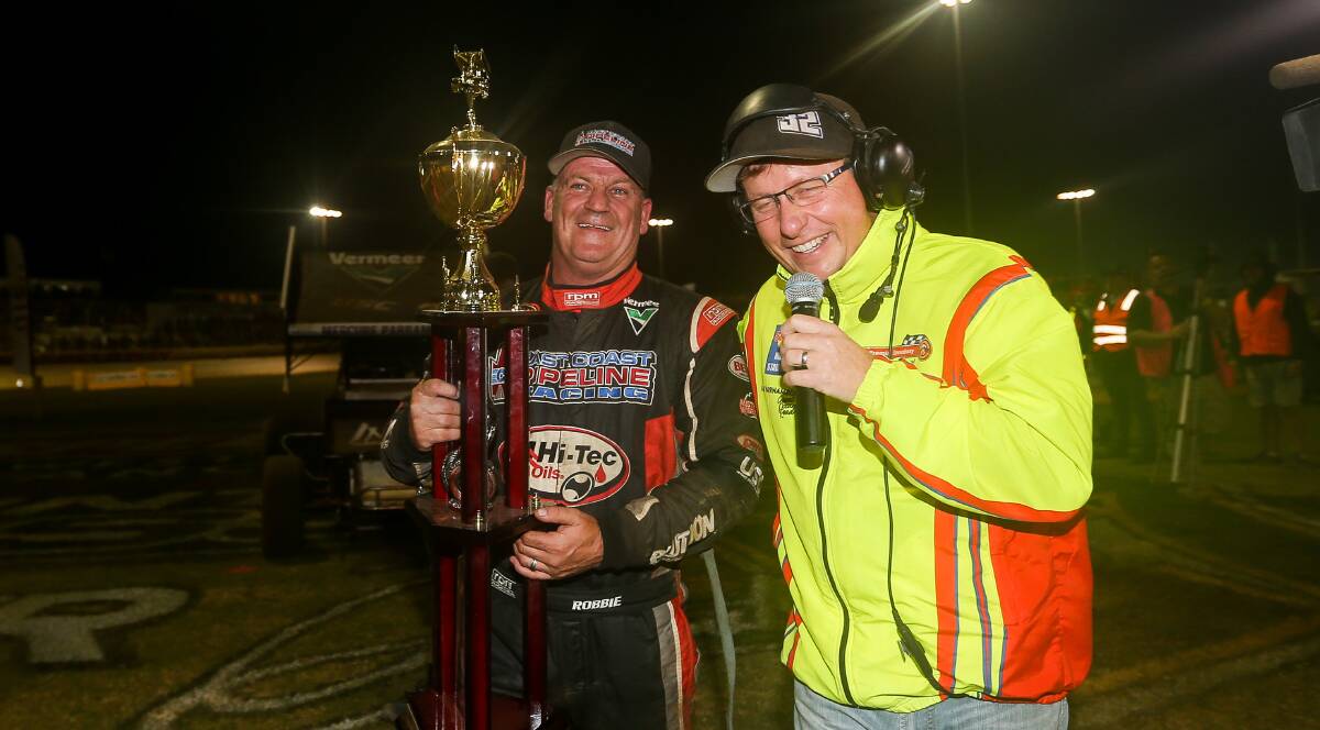 BACK AGAIN: Defending champion Robbie Farr and Premier Speedway announcer Gavin White will return for the Classic. Picture: Morgan Hancock