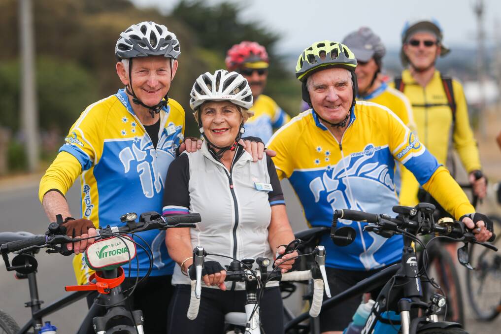 Ride On: Bob Harrington, Helma Ohlmus and Ron Barry are some of the more senior members of the Whitehorse Cyclists who are participating in a 7 day tour of the south-west. Picture: Morgan Hancock
