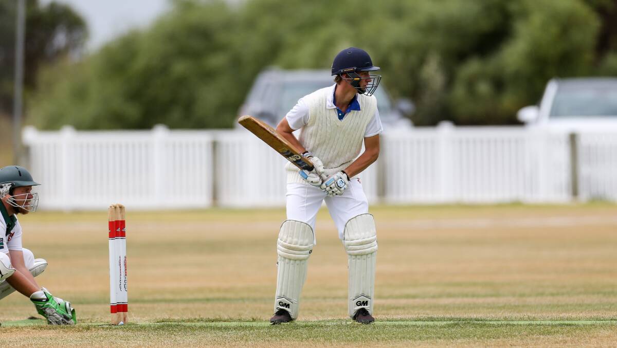 Hawkesdale's Harrison Cozens gets balanced as he prepares to face a ball. Picture: Anthony Brady
