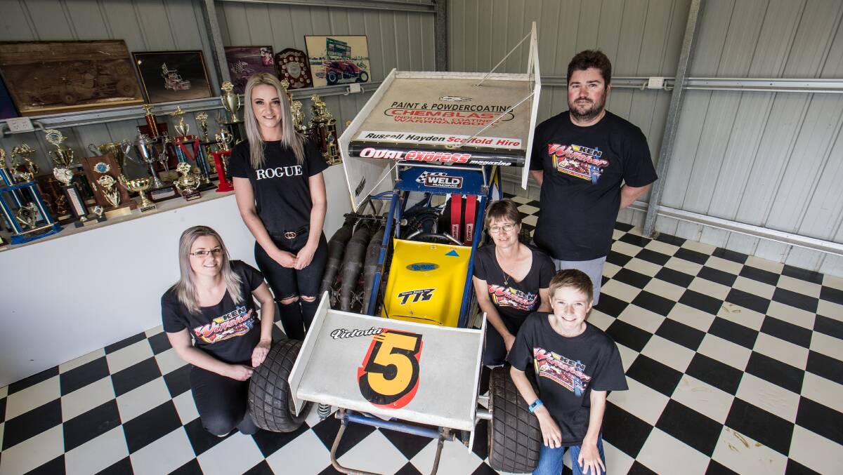 FOR DAD: Kylie, Steph, Brett, Cheryl and Jet Willsher stand with Ken's Formula 500 car. Picture: Christine Ansorge