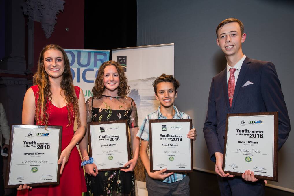 GREAT:  Warrnambool and Moyne Youth Achievers of the Year 2018 overall winners Monique Jones, Emily Bartlett, Alex Tamer and Harrison Price. Picture: Christine Ansorge