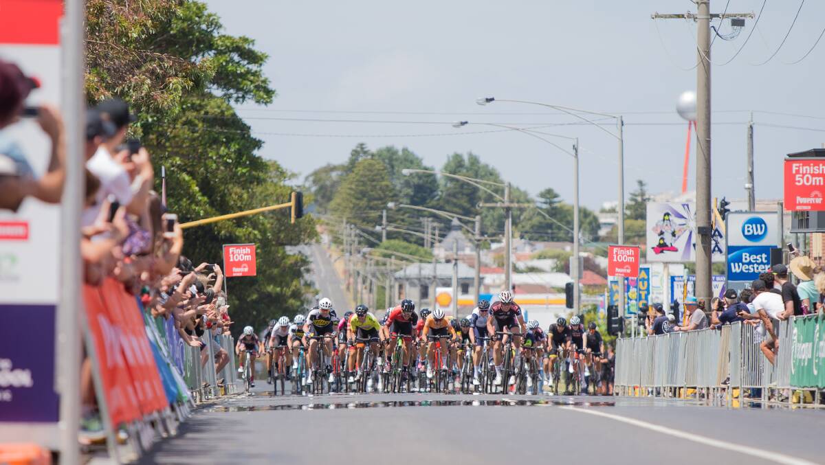 RACE IS ON: Riders cross the finish line in the 2019 Melbourne to Warrnambool Cycling Classic. 