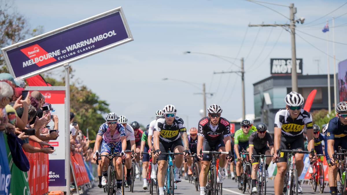 STANDARD, SPORT, MELBOURNE TO WARRNAMBOOL CYCLING CLASSIC 2019 Pictured - Riders cross the finish line in the Melbourne to Warrnambool Cycling Classic. Picture: Christine Ansorge