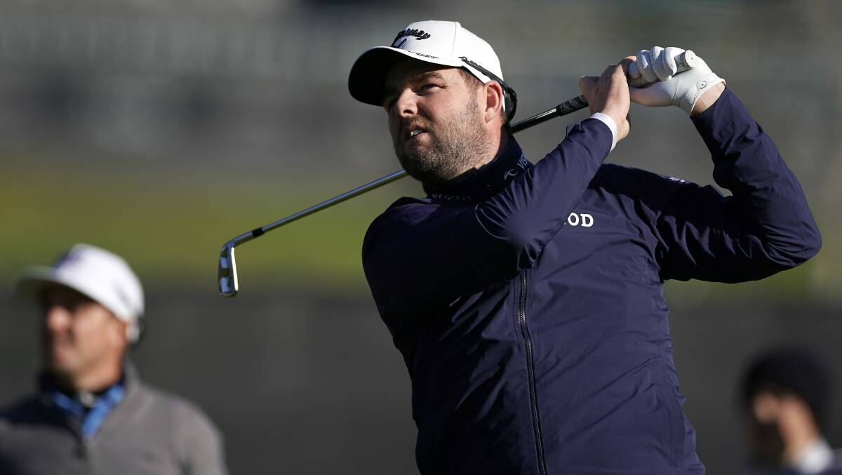 Marc Leishman hits his tee shot on the 14th hole at Riviera Country Club. Picture: AP Photo/Ryan Kang