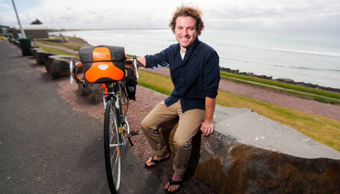 Ride on: Port Fairy's Leon Morton poses with the bike he road in The Bikes of Wrath documentary. The award-winning film will be screened at the Reardon Theatre on March 1. The event is from 6pm and Morton said he encouraged people to book online. Picture: Morgan Hancock