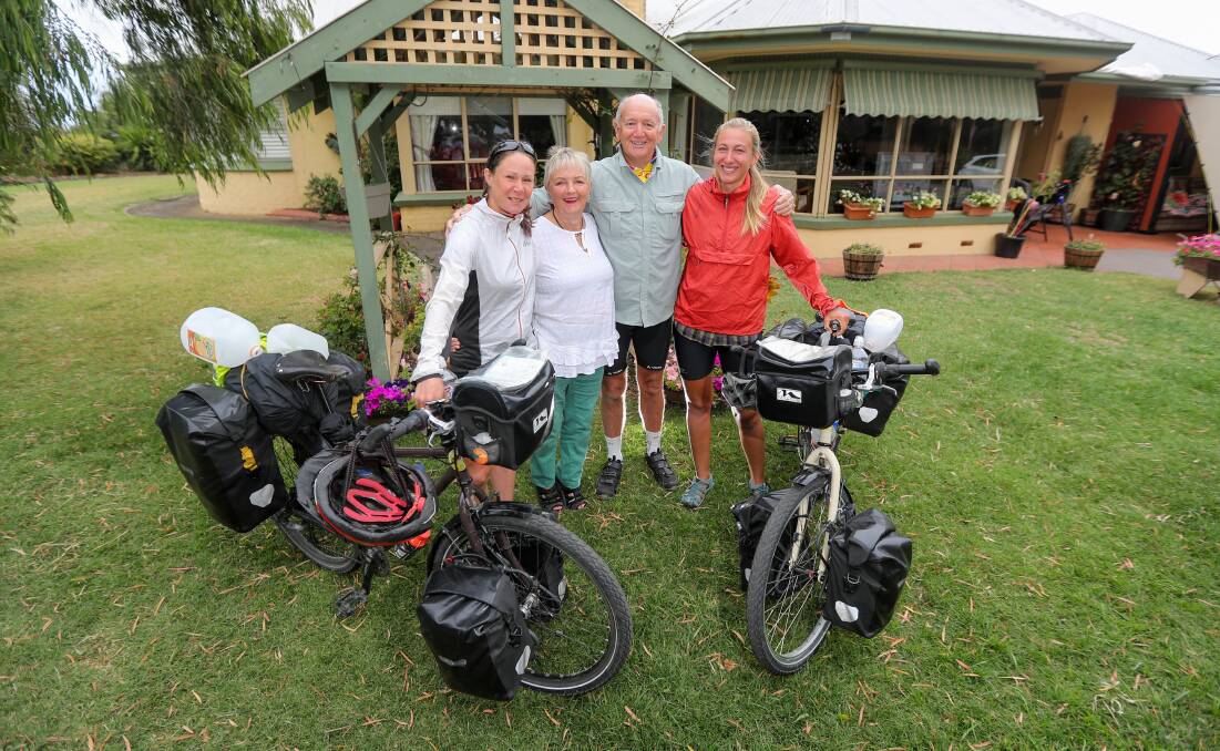 Friends for life: Czech Republic round-the-world cyclists Kata Polakova (left) and Pavla Trcalkova (right) have enjoyed their Warrnambool stay with Lois and Herb Morrow, after connecting through the Warm Showers app. Picture: Morgan Hancock