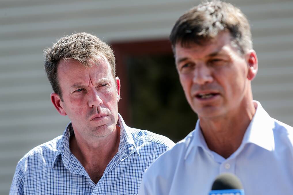 Listening: Wannon MP Dan Tehan and Energy Minister Angus Taylor in Terang. Picture: Christine Ansorge