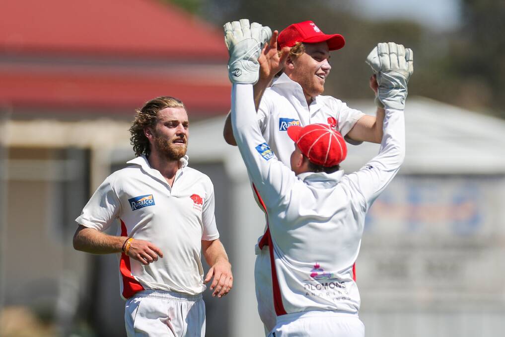 Gone: Dennington's Shannon Beks and Stuart Brown share a high-five after a wicket fell in the match against Woodford on Saturday. Picture: Morgan Hancock