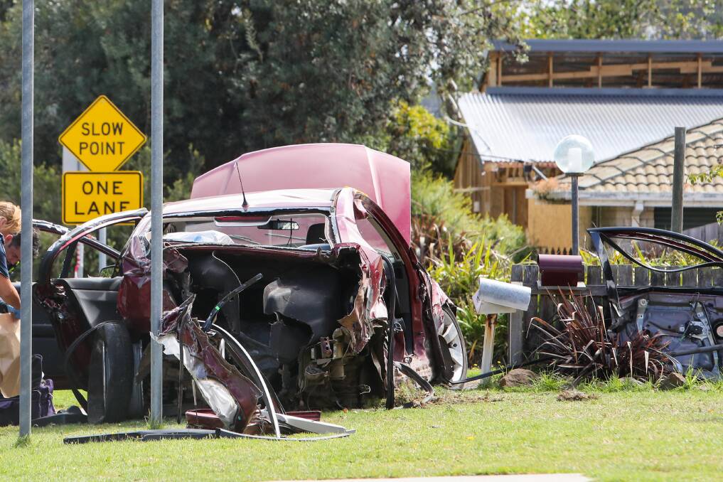 Police, SES, CFA and Ambulance Victoria attended the scene of a crash at Allansford, where a woman driving down the wrong side of the road crashed her Holden. Picture: Morgan Hancock