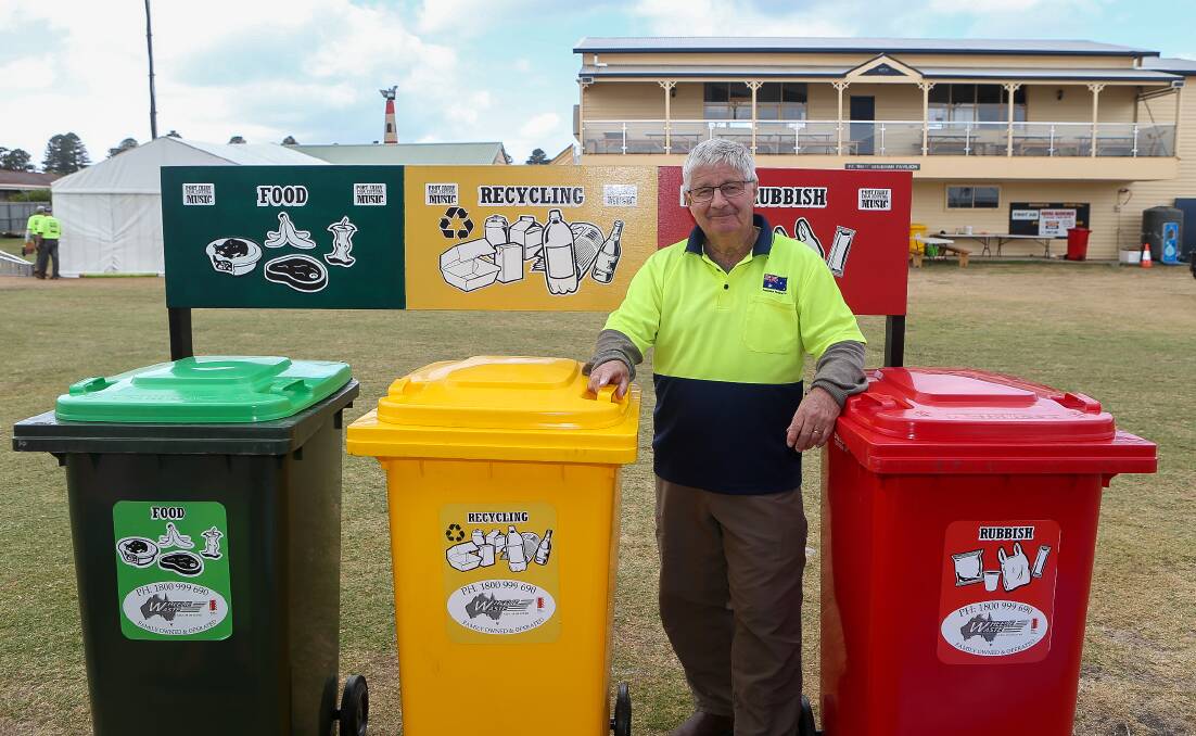 Bob Handby with the bins station which were set up at the Port Fairy Folk Festival. Picture: Anthony Brady